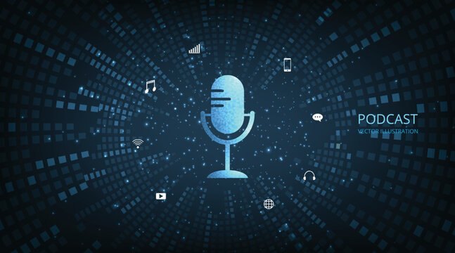 Illustration Of Podcast Icon With Circle Wave Vector Background. Podcast Logo, Microphone Icon On Dark Blue Background.	