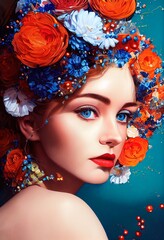 Abstraktes farbenfrohes Porträt eines schönen Mädchens mit Blumen. Modische süße Frau. Kreatives schönes Mädchen. © designprojects