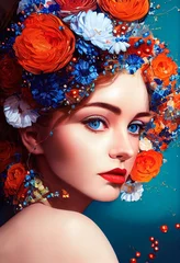 Abstraktes farbenfrohes Porträt eines schönen Mädchens mit Blumen. Modische süße Frau. Kreatives schönes Mädchen. © designprojects