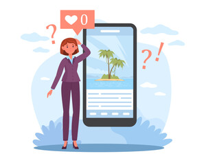 Ignored content and lack of engagement, negative audience reaction. Social media post with no likes, sad female blogger, fail content, followers response. Vector cartoon flat concept