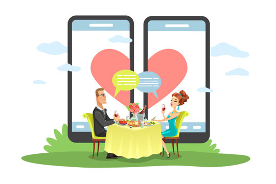 Online dating, mobile application for remote communication. Huge smartphones with heart sign on screen, man and woman have romantic dinner. Web love app. Vector cartoon flat concept