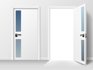 Opened and closed door. Realistic white interior door with transparent glass elements and black handles, 3d isolated home object, office entrance, exit, skirting board, utter vector concept