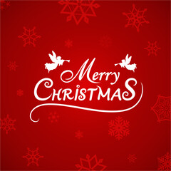 Greeting card for Christmas, xmas and winter holidays, vector illustration. White handwritten and angels on red background with snowflakes. Design elements for decoration holiday poster, flyer