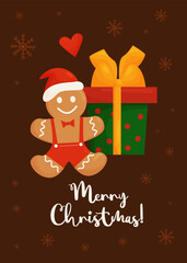 Christmas card with cute gingerbread man in santa hat with gift box and inscription Merry Christmas. Vector illustration. vertical Template holiday card, for design, printing and decor