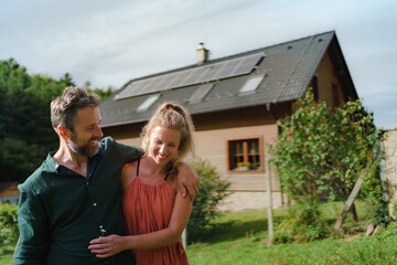 Happy couple standying near their house with solar panels. Alternative energy, saving resources and...