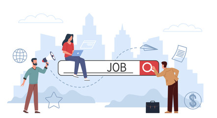 Search job bar and people. Online information browsing, user characters looking available vacancy, internet surfing, recruitment service business internet networking, nowaday vector concept