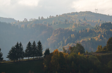 Autumn landscape in Romania. Beautiful sightseeing with the fall landscape from villages of Rucar Bran passage in Transylvania with old houses and folk scenery views. Wide angle view.