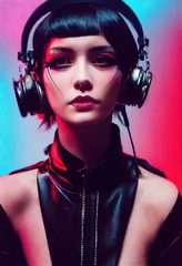 Ein Porträt einer kreativen Schönheit mit ausgefallenen Kopfhörern. Ein Liebhaber modischer Musik vor einer Kulisse aus bunten Lichtern. © designprojects