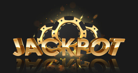 Golden letters Jackpot with three gold and black poker chips, token and sparkles on black background. Concept for casino design. Vector illustration for postcard, web, advertising