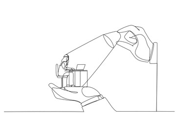Illustration of big hands holding arab man and lighting on the top, metaphor for control, support and coordination. One continuous line art style