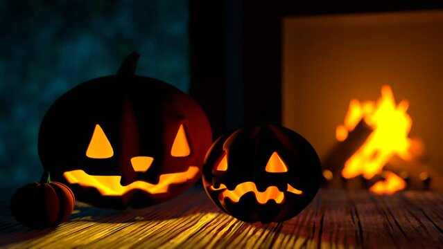 A group of Halloween pumpkins and the fireplace 3D 4K looped animation. Traditional October scene