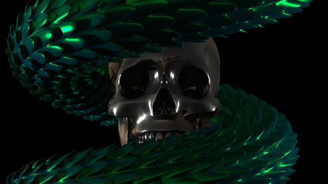 A black scull and moving snake body on dark background 3D 4K looped animation
