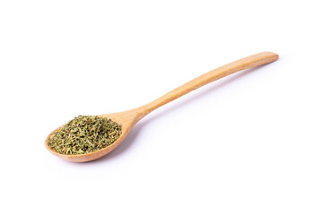 Dried Thyme leaves in wooden spoon isolated on white