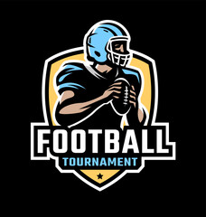 Logo, emblem with an American football player and the inscription Football tournament. Vector illustration.