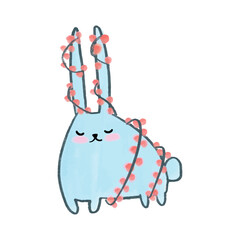 Vector Cute watercolor hand drawn christmas blue Rabbit wrapped in garland. Hare with New Year's decors.