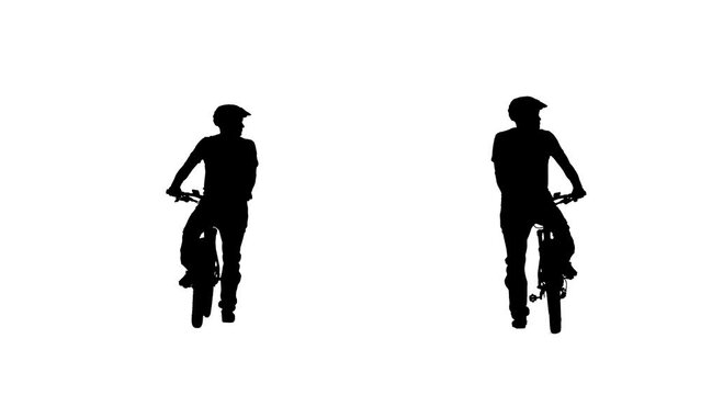 Black silhouette of cyclist in sportswear. 2 in 1 Collage front and back view full length on white background. Male bicyclist on sports bike is looking around. Slow motion ready, at 4K 59.94fps.