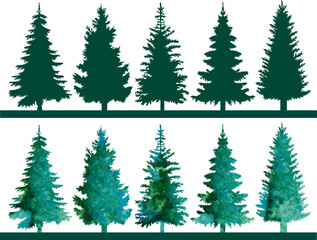 christmas tree green silhouette watercolor set design isolated vector