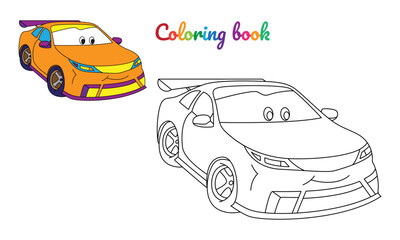 Cartoon little orange car sedan for boys. Small funny vector cute vehicle with eyes and mouth. Comic character for kids on white background. Coloring page for children, color and linear illustration.