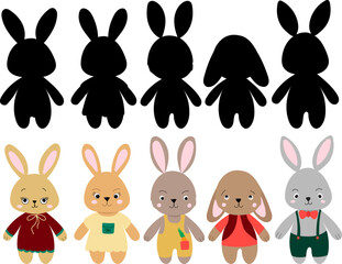rabbits cute character, cartoon set, isolated vector