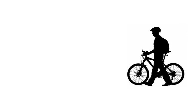 Side view on black silhouette of cyclist with backpack isolated on white background with alpha channel. Male bicyclist pushing a bike in his hands and walking. Slow motion ready, at 4K 59.94fps.