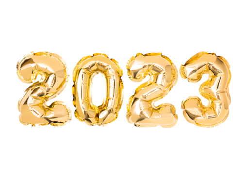Gold foil balloons numeral 2023. Happy new year holiday. Numbers and golden decoration holiday isolated on white background. Full Depth of field. 
