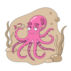 Cartoon funny octopus with fish