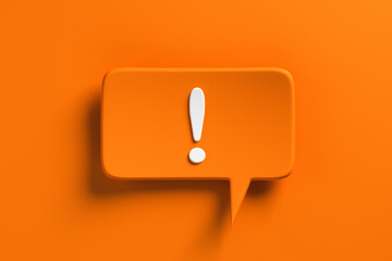 Social media notification icon, orange bubble speech with exclamation mark on orange background. 3D rendering