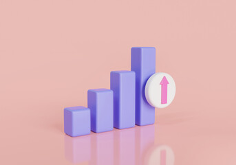 Growing bars chart with arrow up icon isolated on pink background. Data analysis concept. Growing bars, Successful development, statistic bar icon, growth business success. 3d render illustration