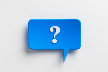 Social media notification icon, blue bubble speech with question mark on white background. 3D rendering