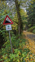 Schild mit 12% Steigung und Radweg im Wald