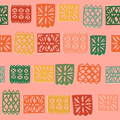 Mexican Papel picado retro repeat, pierced bunting vector seamless pattern. Dia de Los Muertos, Day of the Dead garland.