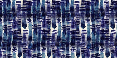 Summer indigo bandana dyed motif seamless border pattern. Fashion blur bleed endless trim ribbon edge for beach wear. Masculine shirt tie dye effect. Repeat woven textile banner.