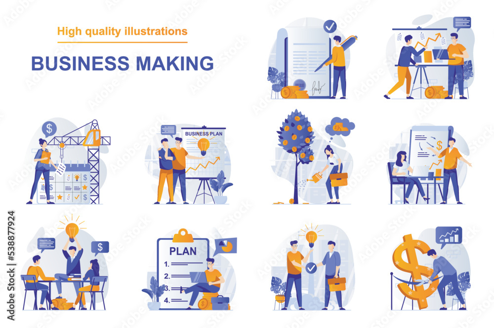 Aufkleber business making web concept with people scenes set in flat style. bundle of workflow process, making