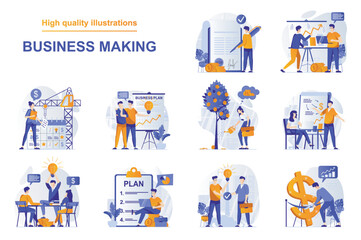 Business making web concept with people scenes set in flat style. Bundle of workflow process, making deal, brainstorming, strategy planning, investment. Vector illustration with character design