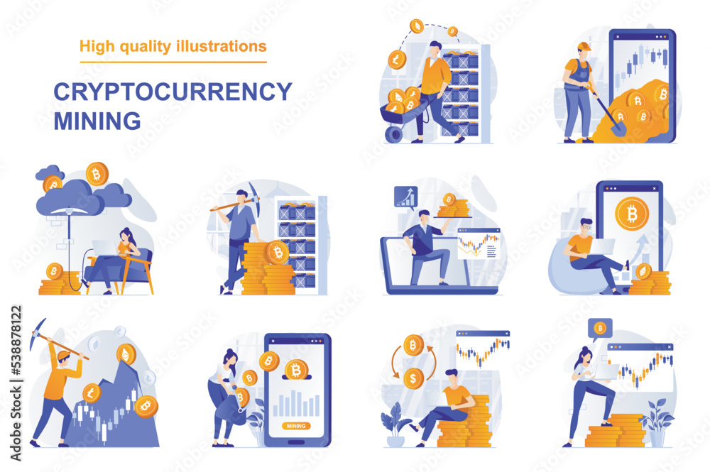 Poster Cryptocurrency mining web concept with people scenes set in flat style. Bundle of extracting bitcoins and other crypto coins, investing in mining farms. Vector illustration with character design