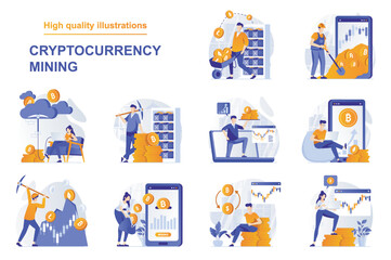 Cryptocurrency mining web concept with people scenes set in flat style. Bundle of extracting bitcoins and other crypto coins, investing in mining farms. Vector illustration with character design