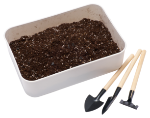 plastic box with substrate soil for transplanting houseplants isolated