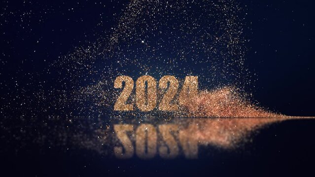 2024 new year numbers in gold particles. Change of date under the golden swirl