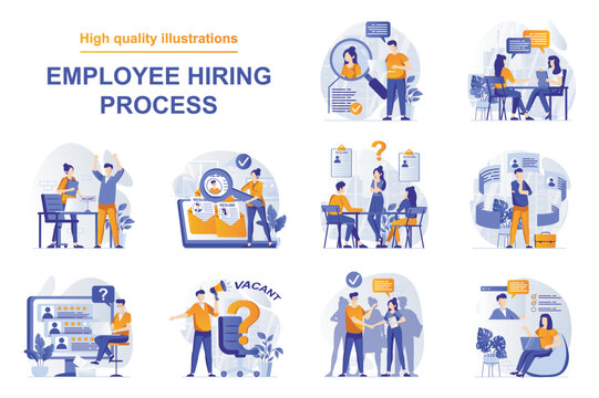 Employee hiring process web concept with people scenes set in flat style. Bundle of human resources, choose resume, open vacancy in office, job interview. Vector illustration with character design
