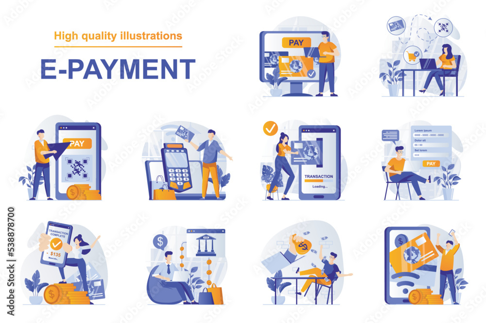 Aufkleber E-payment web concept with people scenes set in flat style. Bundle of secure mobile payment with credit card, paying digital receipt in online banking. Vector illustration with character design