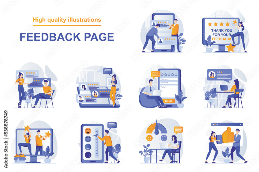 Leinwandbilder feedback page web concept with people scenes set in flat style. bundle of customer satisfaction, hig