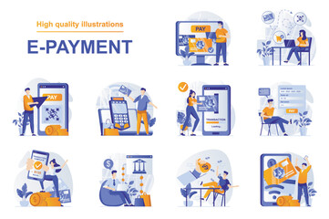 Fototapeta na wymiar E-payment web concept with people scenes set in flat style. Bundle of secure mobile payment with credit card, paying digital receipt in online banking. Vector illustration with character design