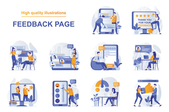 Feedback page web concept with people scenes set in flat style. Bundle of customer satisfaction, high rating stars and likes, positive client experience. Vector illustration with character design