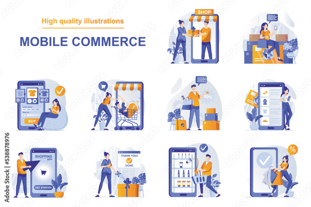 Poster Mobile commerce web concept with people scenes set in flat style. Bundle of online shopping in applications, buying goods and gifts, aking purchases in app. Vector illustration with character design