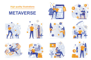 Metaverse web concept with people scenes set in flat style. Bundle of augmented virtual reality for online shopping, gaming, communication, science, study. Vector illustration with character design