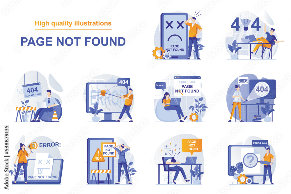 Poster Page not found web concept with people scenes set in flat style. Bundle of error 404, internet connect problem, maintenance, fixing and repair of webpage. Vector illustration with character design