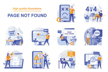 Page not found web concept with people scenes set in flat style. Bundle of error 404, internet connect problem, maintenance, fixing and repair of webpage. Vector illustration with character design