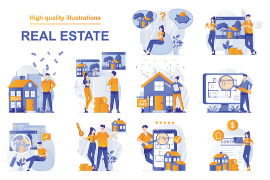 Real estate web concept with people scenes set in flat style. Bundle of home for sale, buying new house, searching rental apartment, mortgage loan, housing. Vector illustration with character design