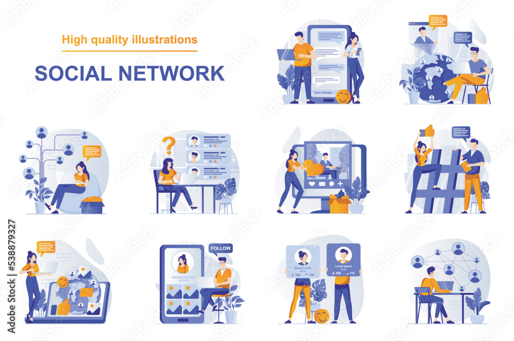 Poster social network web concept with people scenes set in flat style. bundle of online messaging, chattin