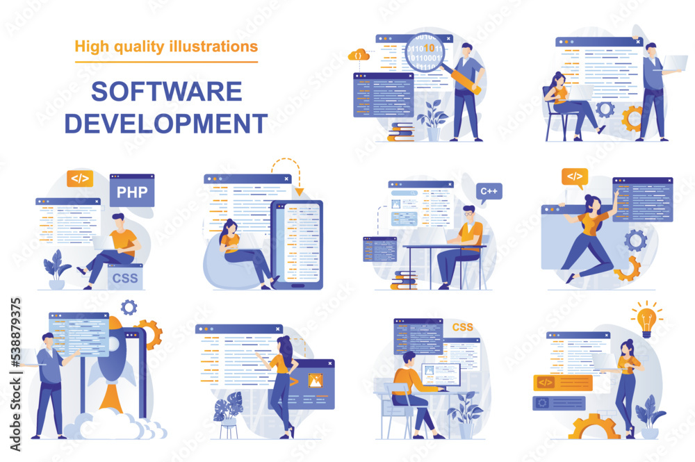 Fototapete Software development web concept with people scenes set in flat style. Bundle of backend development, programming, working with abstract code and scripts. Vector illustration with character design